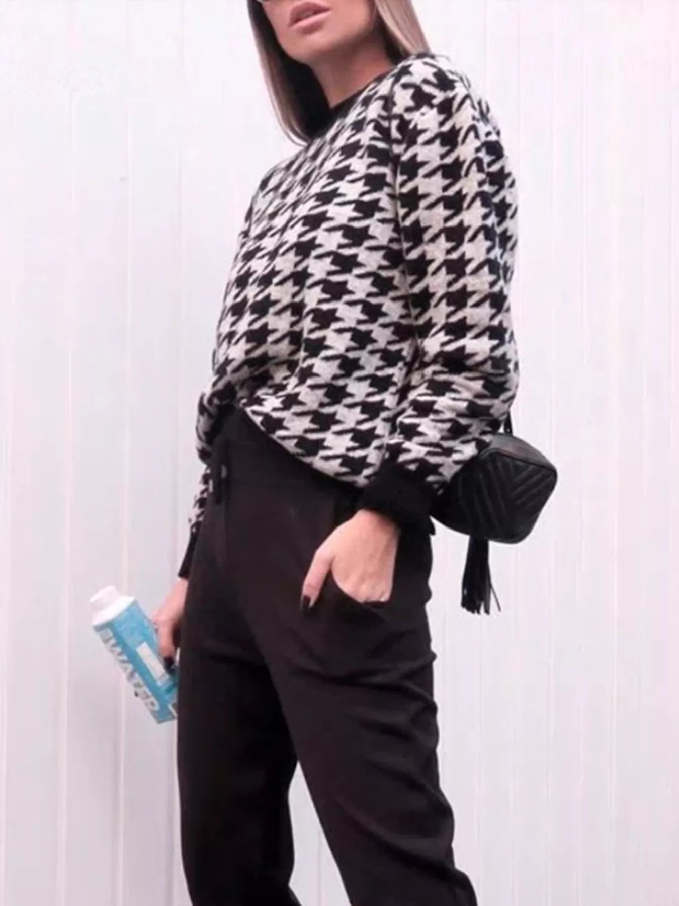 Full Size Houndstooth Pattern Oversized Sweater Plus Size