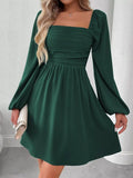 Ruched Square Neck Long Sleeve A-Line Dress