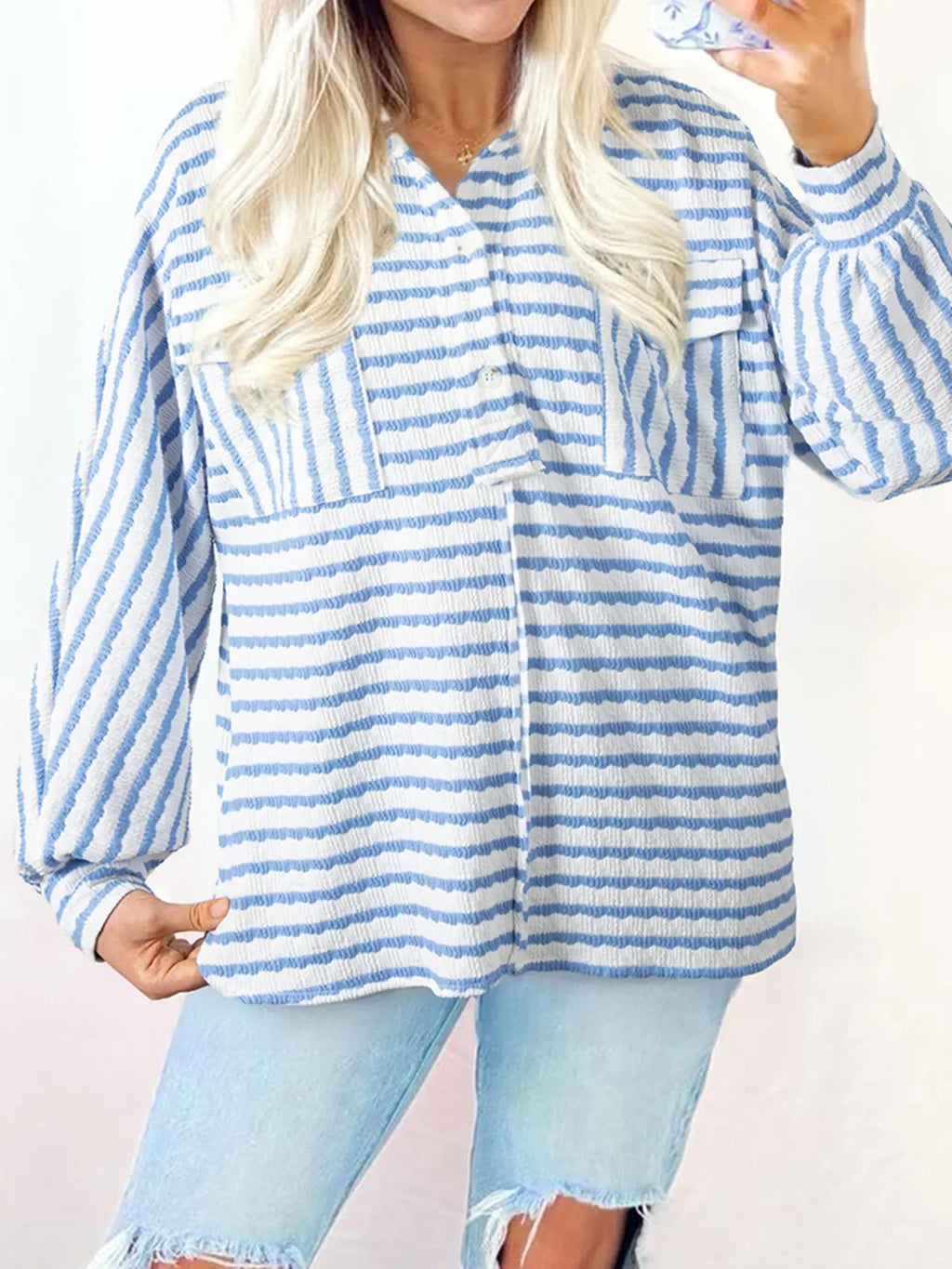 Stripe Half Button Collared Chest Pockets Loose Fit Blouse