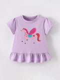 Children's Cute Cartoon Horse Graphic Top with Ruffle Hem