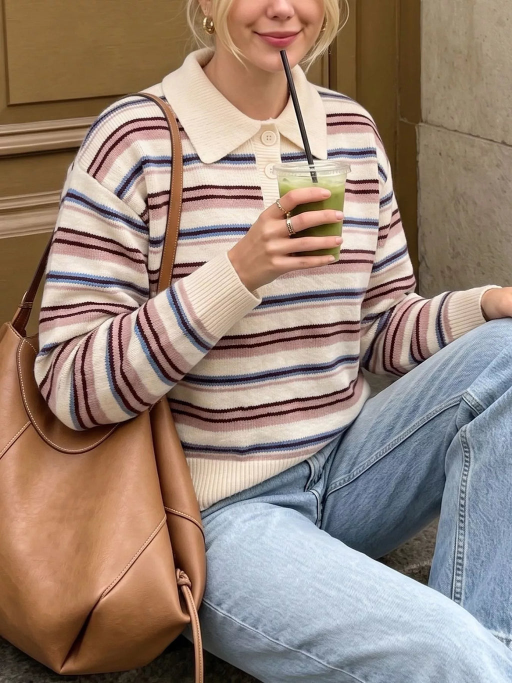 Striped Polo Collar Sweater
