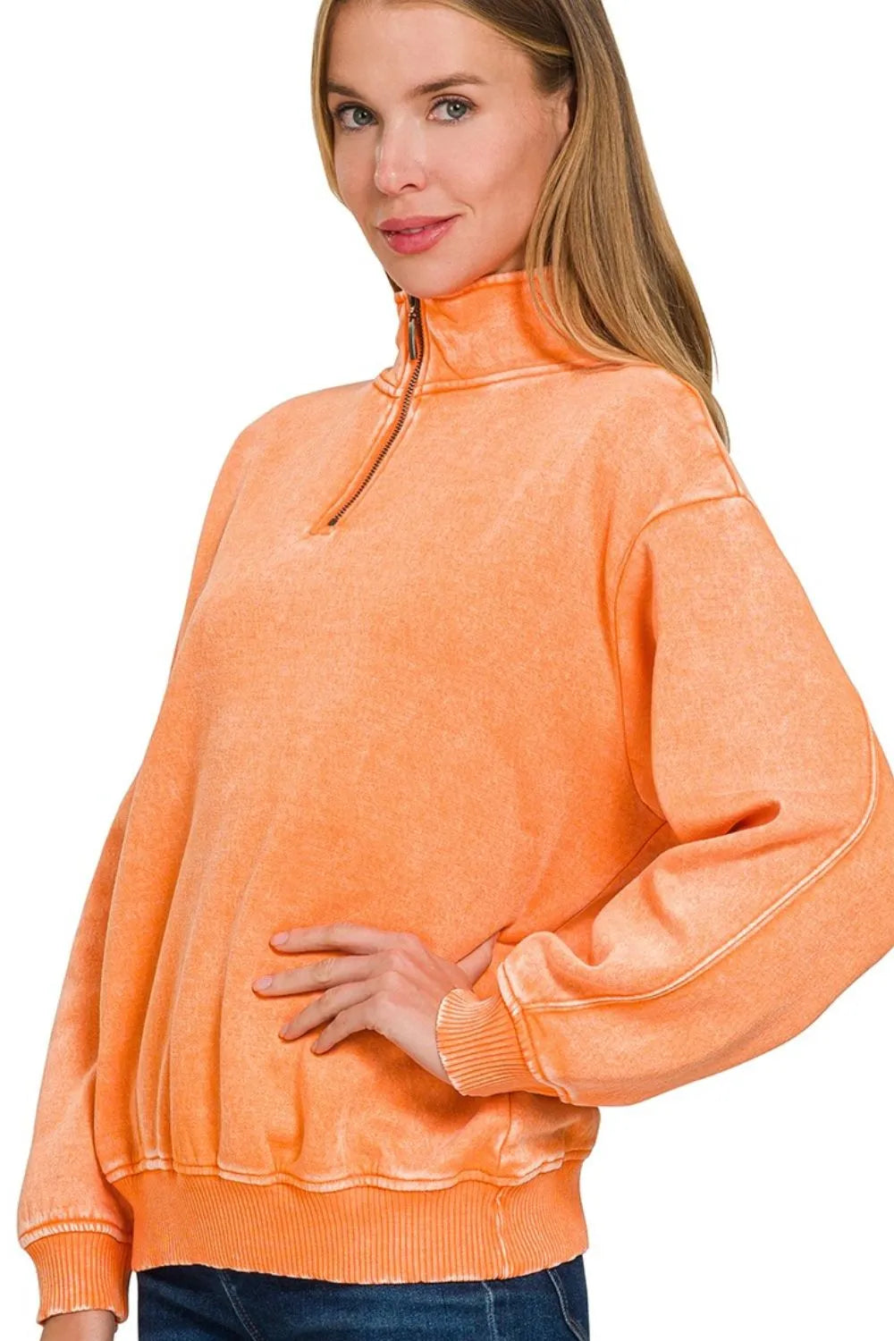 Zenana Acid Wash Fleece Quarter Zip Pullover Sweatshirt