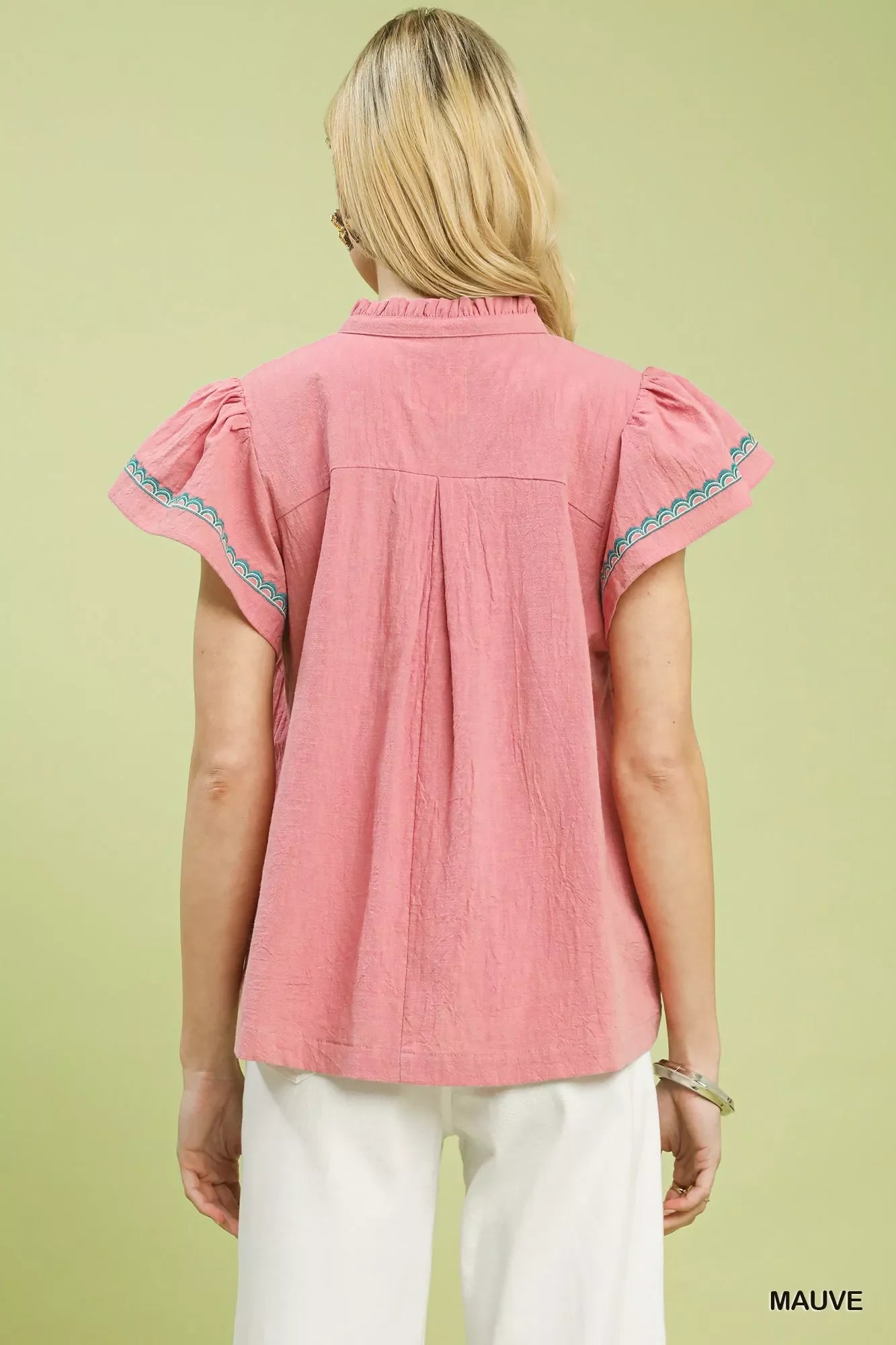 Umgee Embroidered Flutter Sleeve Blouse