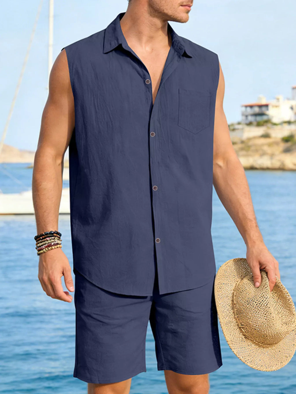 Men's Full Size Button Up Sleeveless Top and Shorts Plus Size