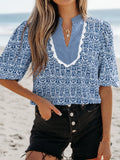 Printed Contrast Ric-Rac Puff Sleeve Top