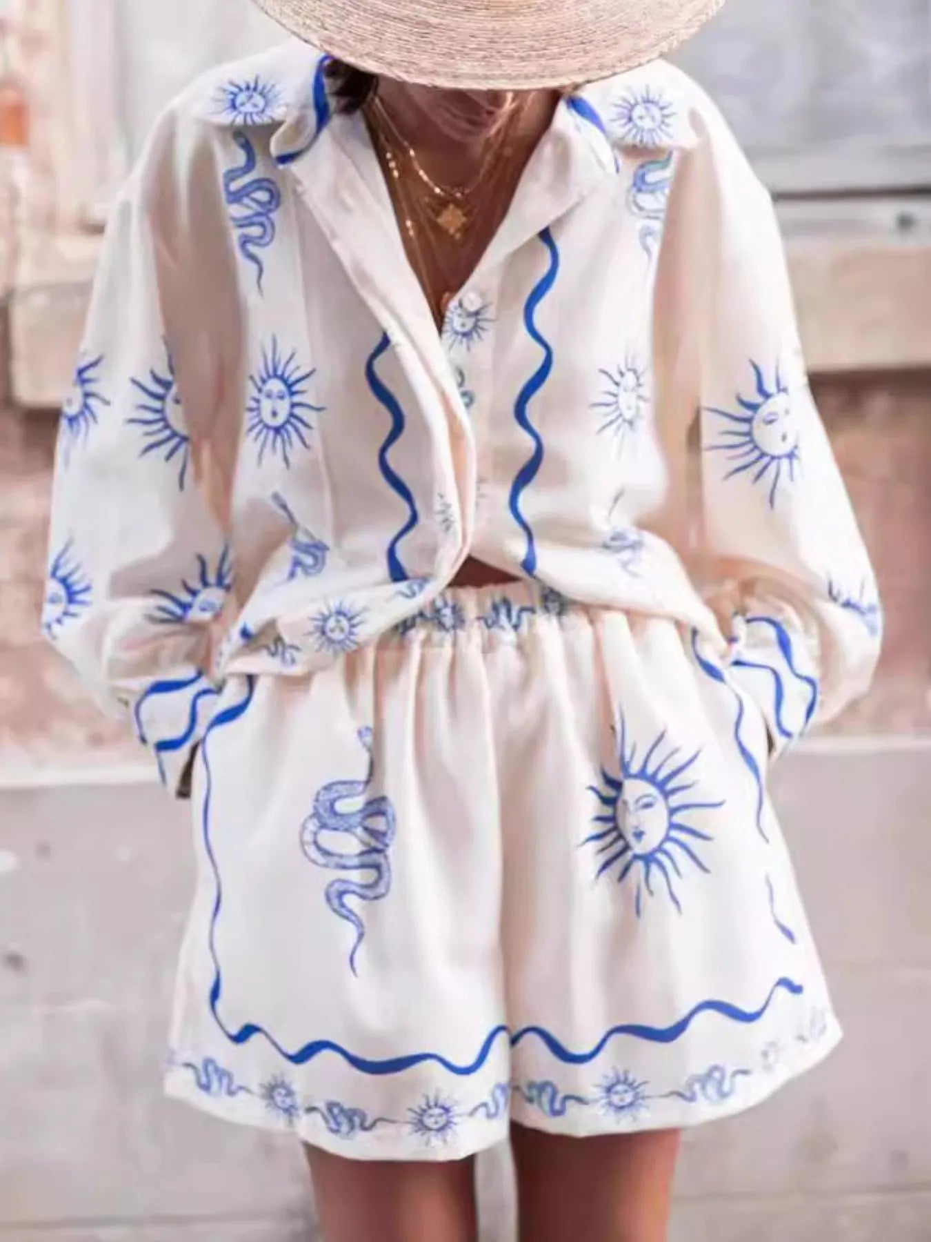 Printed Button Up Shirt and Shorts Set