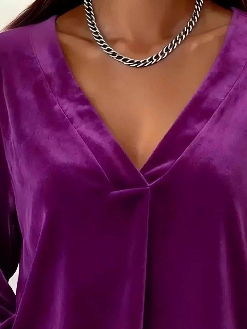 Full Size Velvet V-Neck Balloon Sleeve Blouse Plus Size
