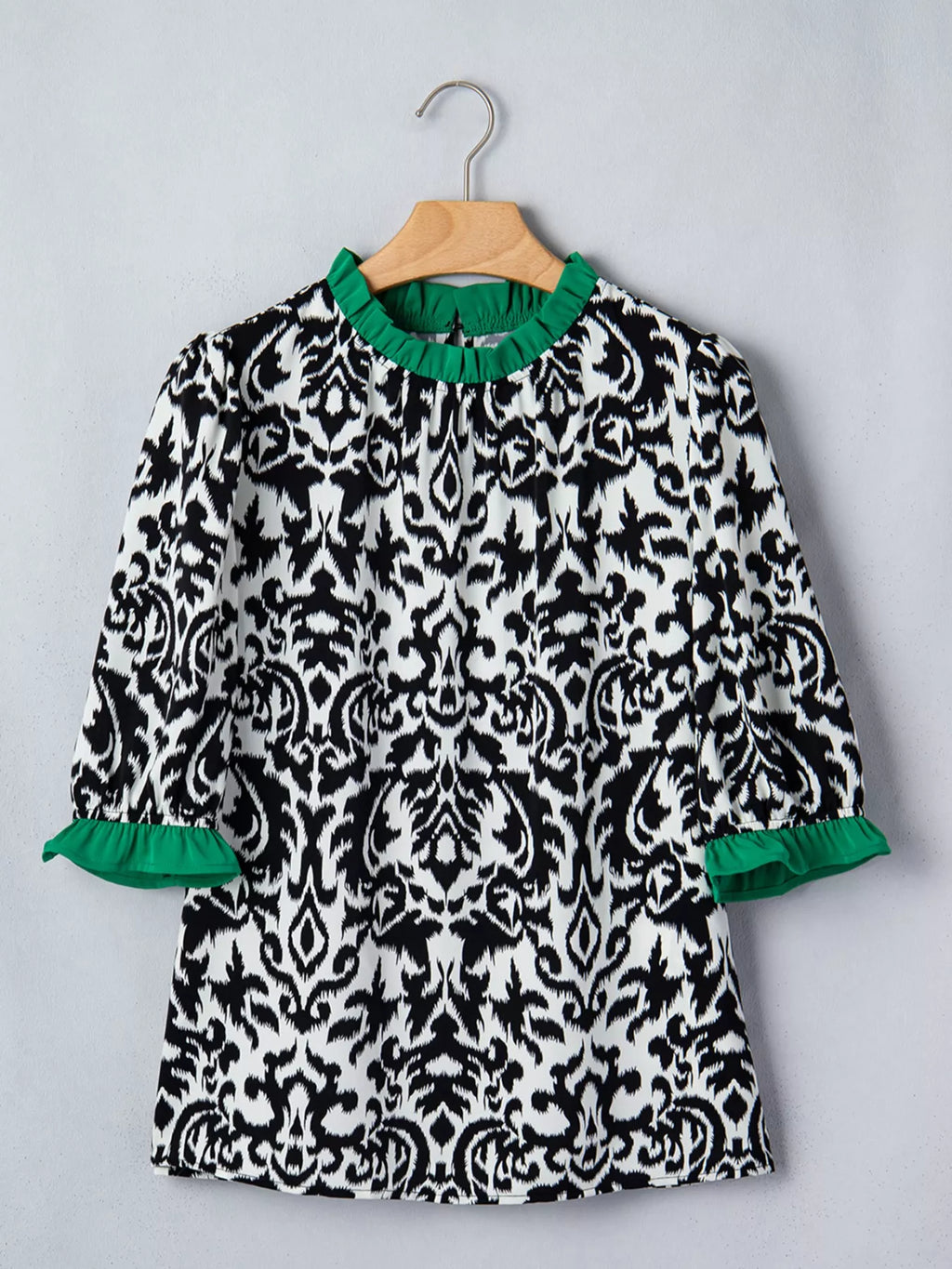 Damask Print Ruffled Color Block Detail Half Sleeve Blouse