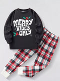 Children's Christmas Round Neck Top and Plaid Pants Set