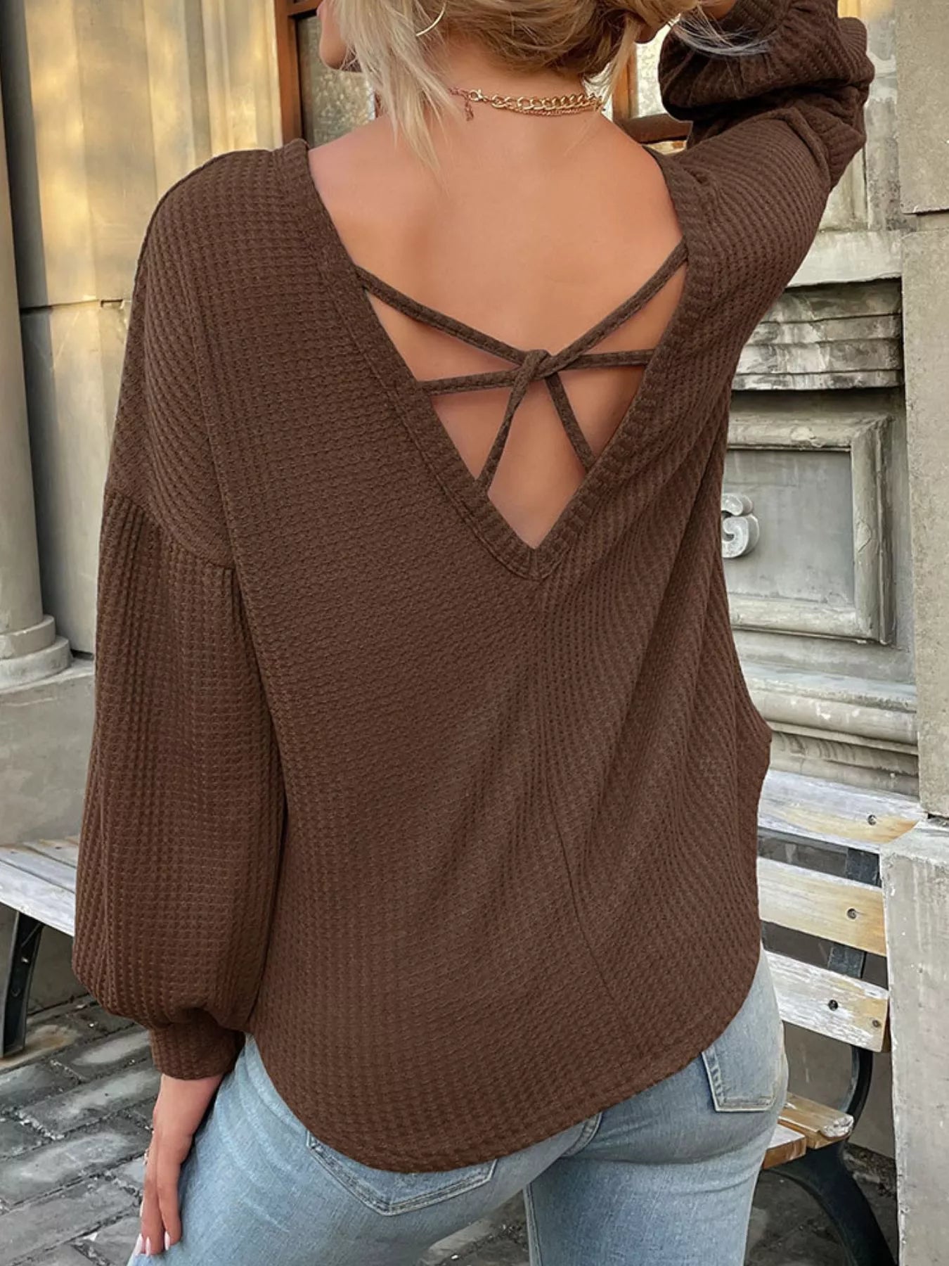 Waffle Knit Round Neck Top