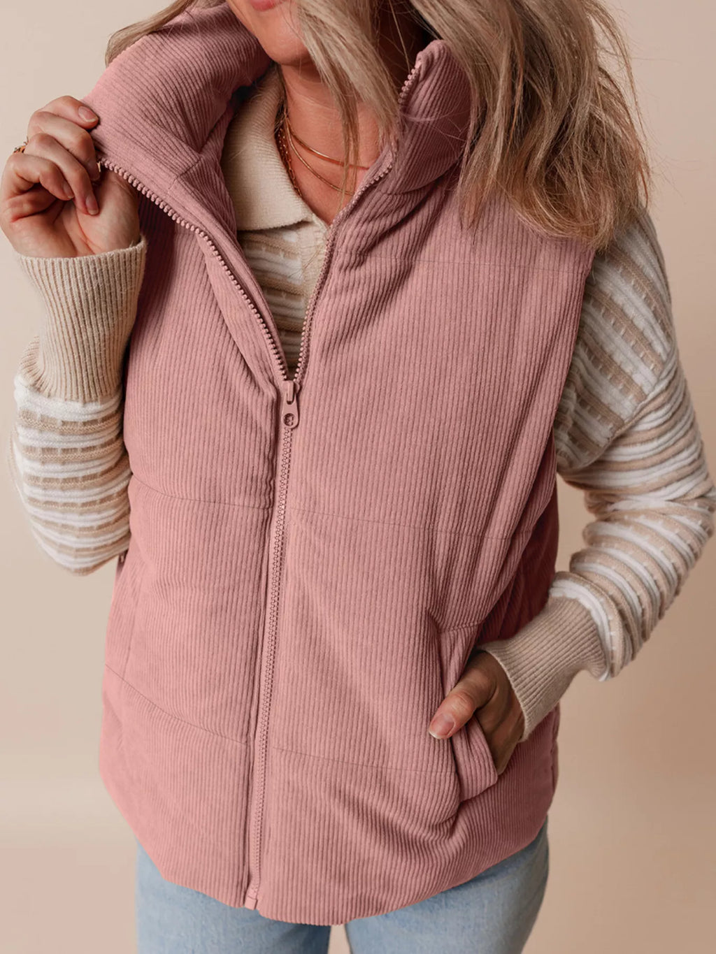 Corduroy Stand Neck Zipped Puffer Vest