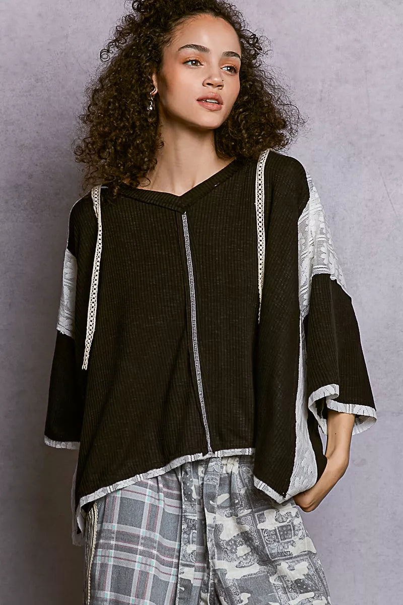 POL Short Sleeve Hoodie Top with Lace Detail