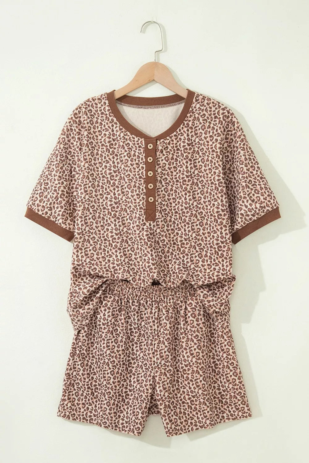Leopard Print Ribbed Patchwork Half Button Loose Tee Elastic Waist Short 2pcs Set