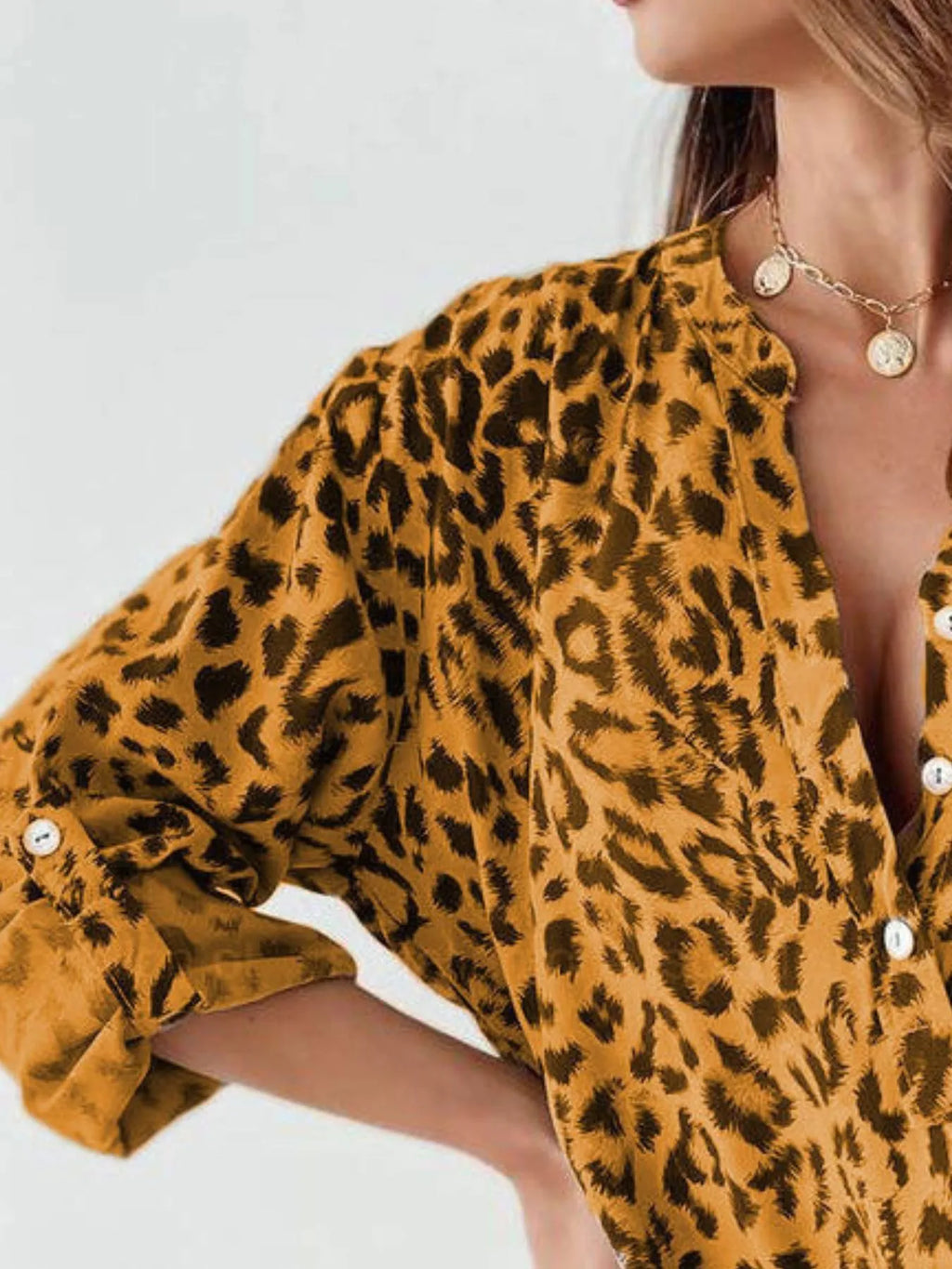 Full Size Leopard Print Roll-Tab Sleeves Blouse Plus Size