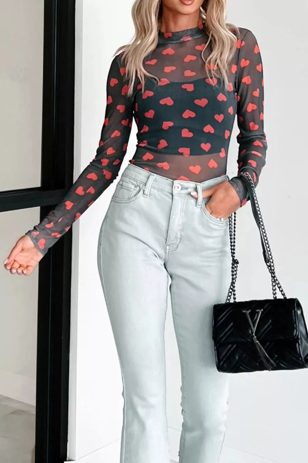 Valentines Heart Printed Sheer Mesh Long Sleeve Top