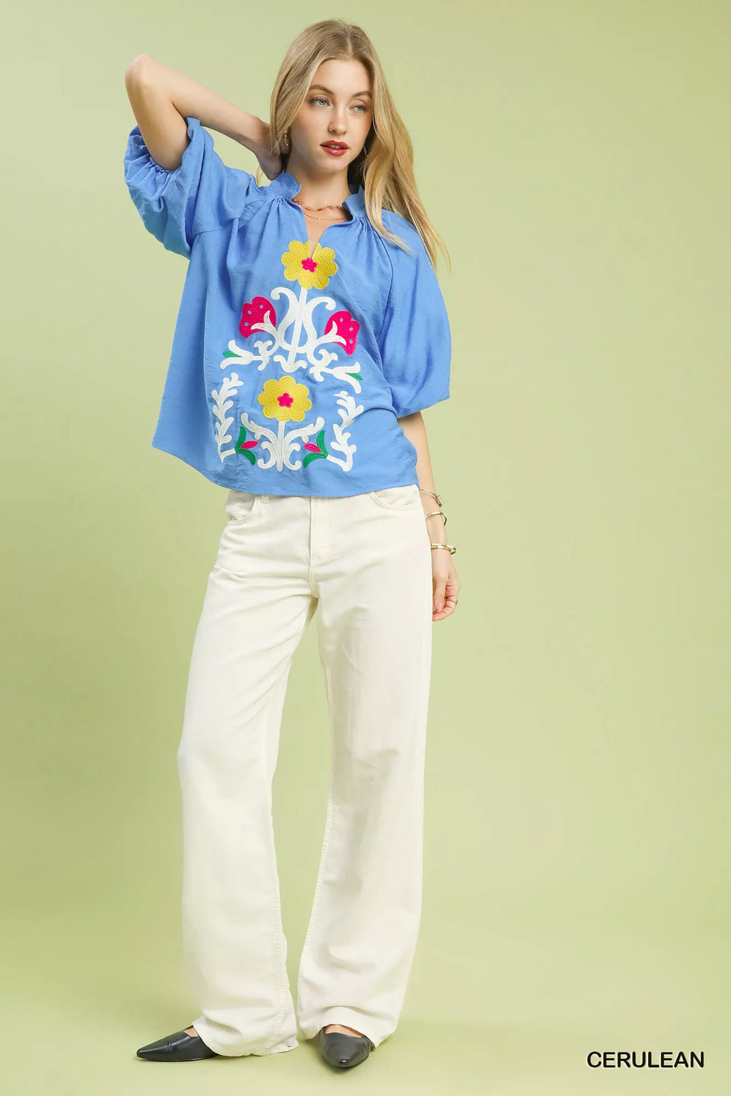 Umgee Embroidered Boho Puff Sleeve Blouse