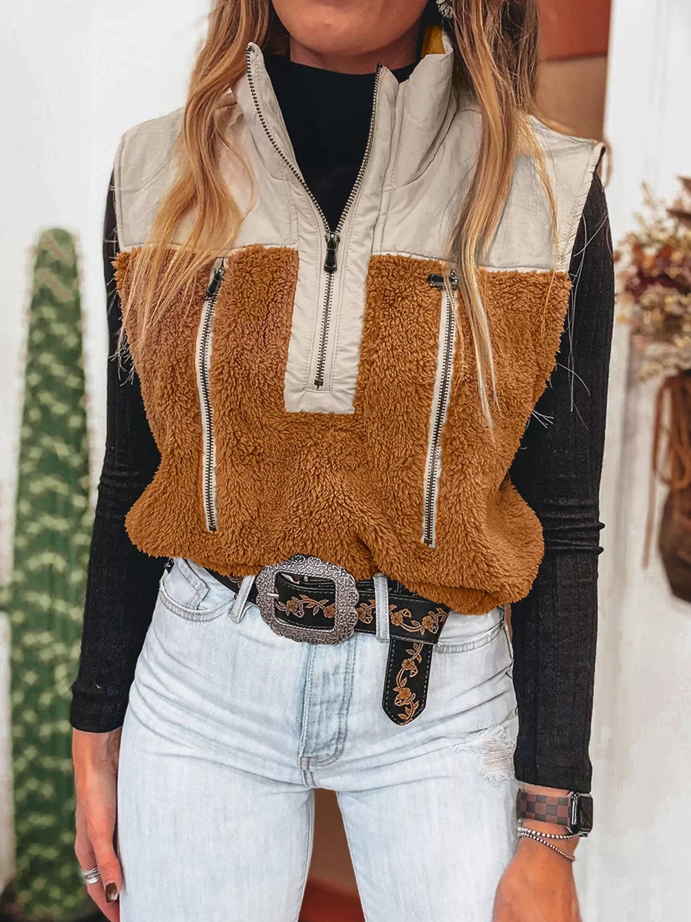 Color Block Plush Patchwork Zipper Stand Neck Vest Coat