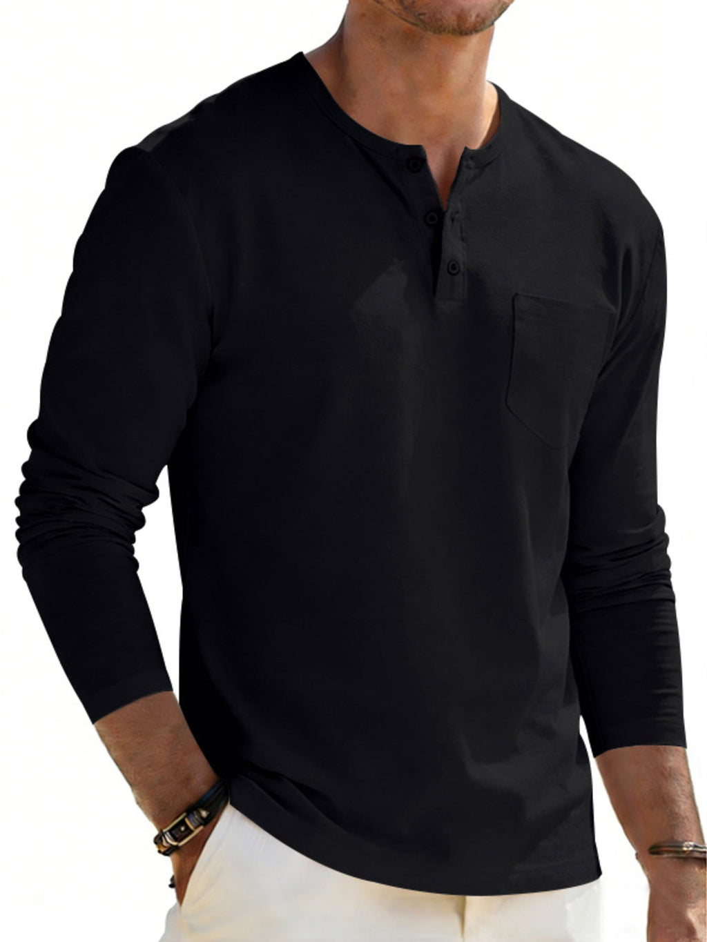 Men's Plus Size Casual Long Sleeve Henley T-Shirt with Pocket