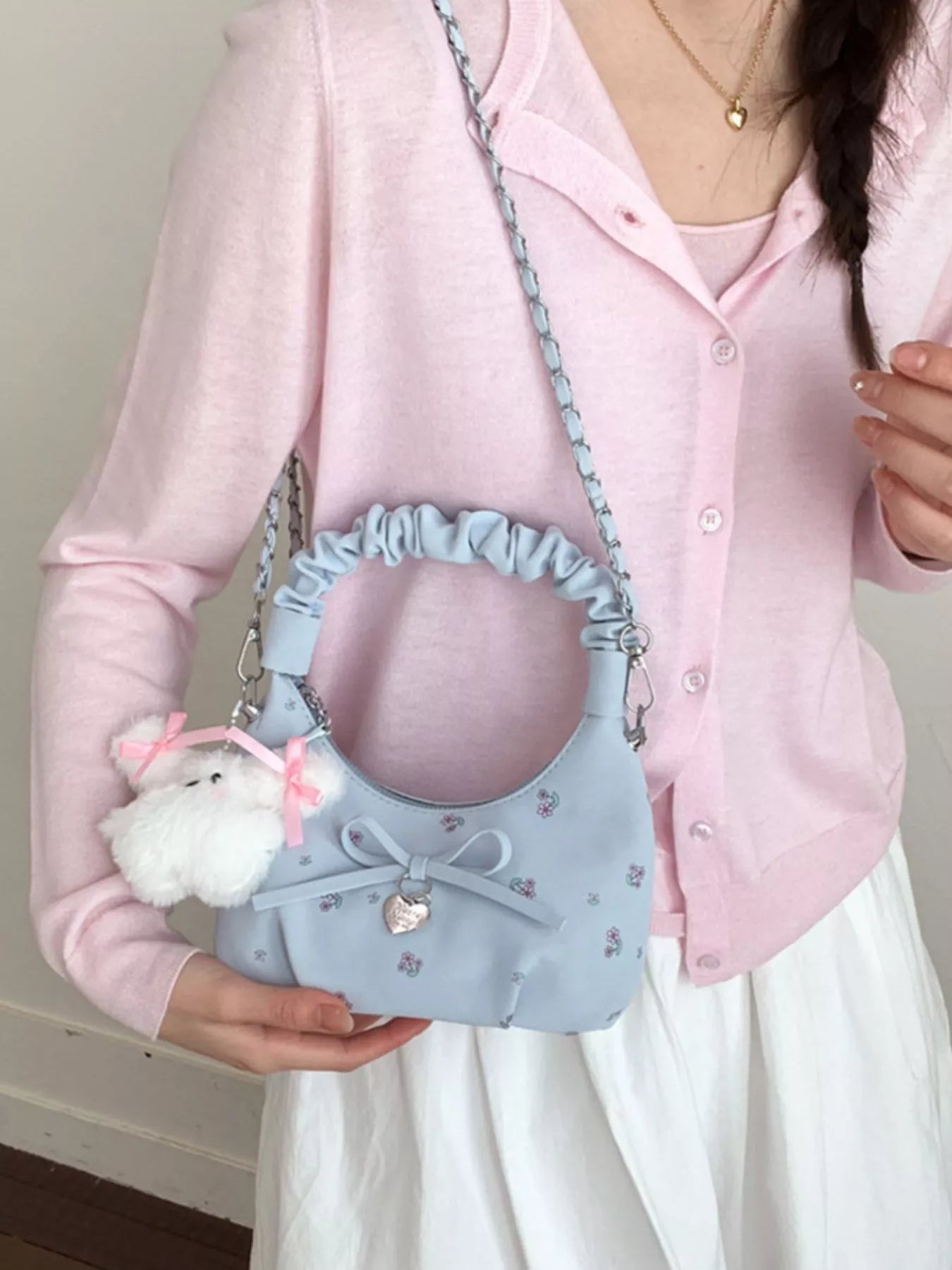 Ruched Handle Crossbody Bag with Bow