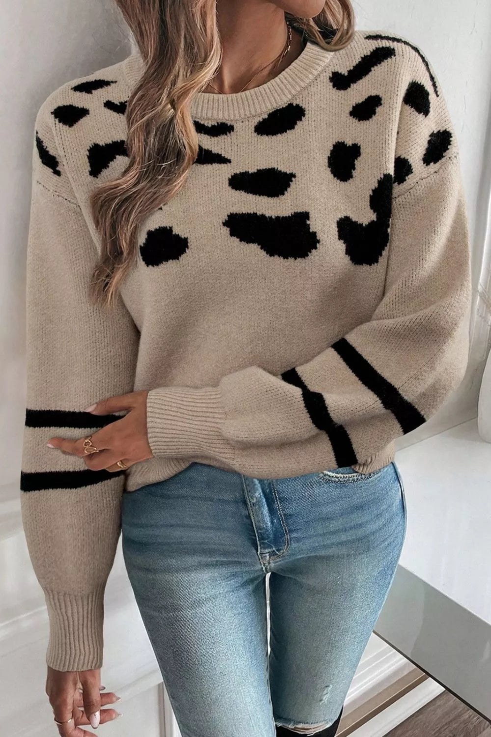 Leopard Round Neck Dropped Shoulder Sweater