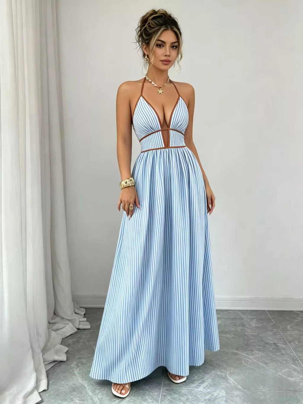 Striped Halter Neck Maxi Dress
