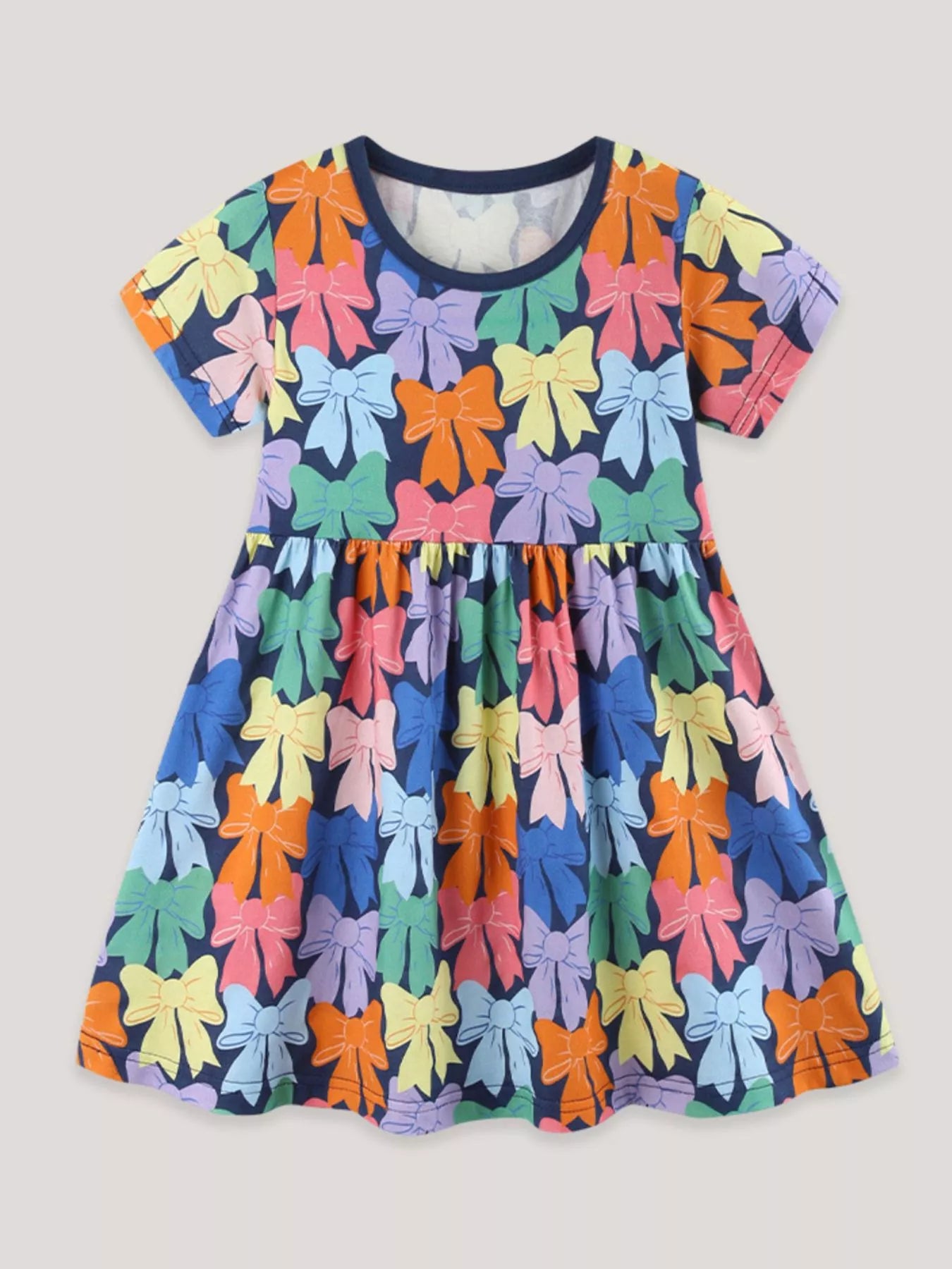 Children's Colorful Bow-Print Casual Dress