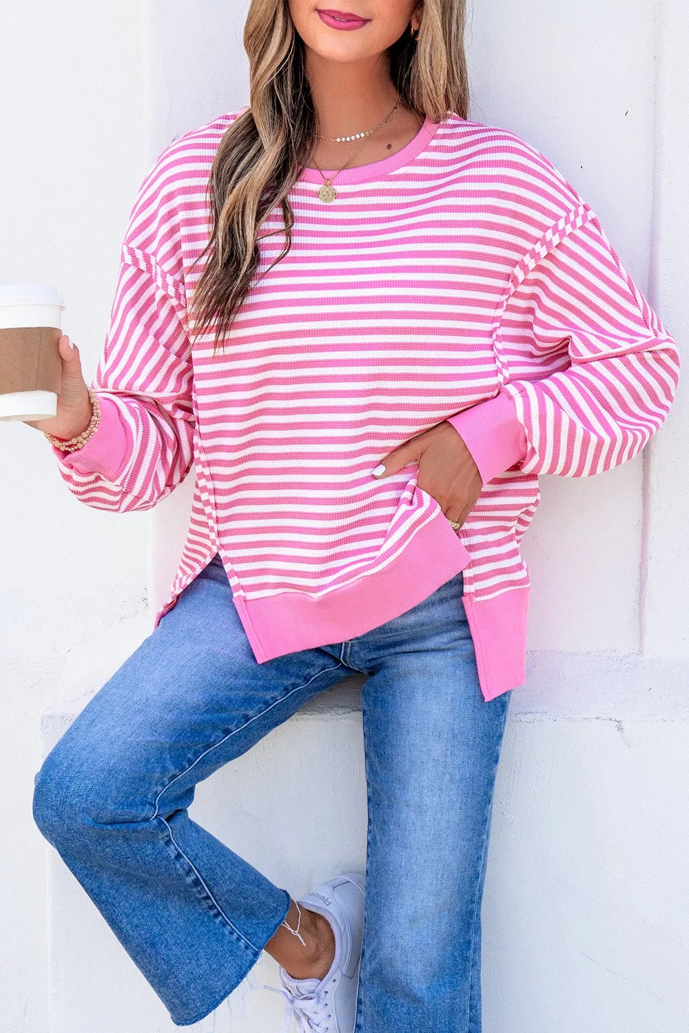 Stripe Textured Knit Color Block Trim Split Hem Long Sleeve Top