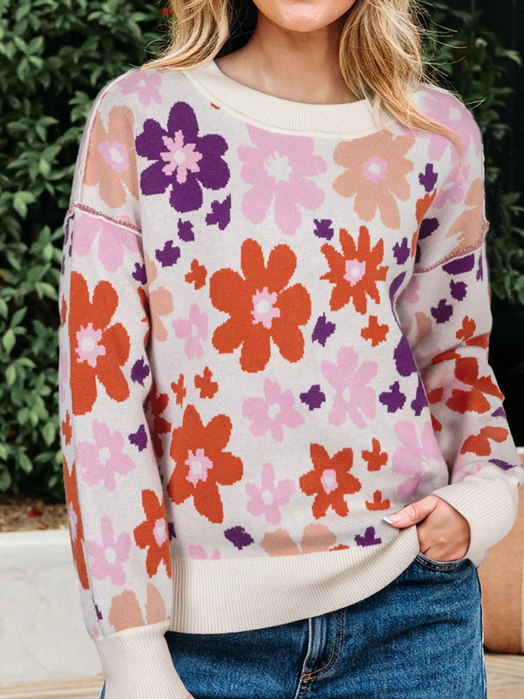 Floral Pattern Drop Shoulder Sweater