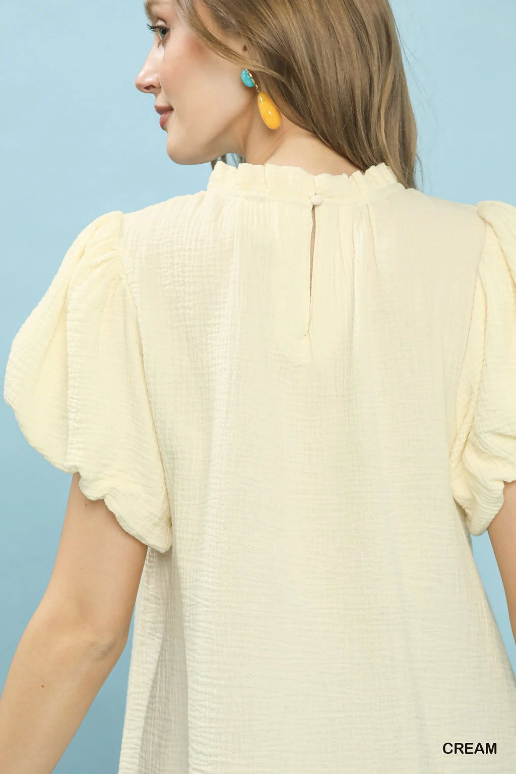 Umgee Textured Gauze Ruffle Neck Boho Top