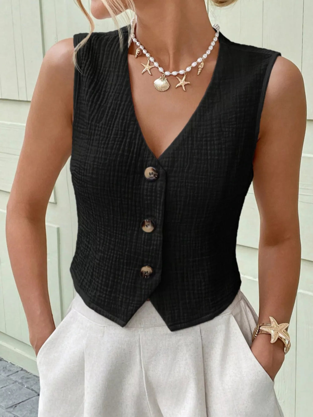 Textured Button-Front Vest