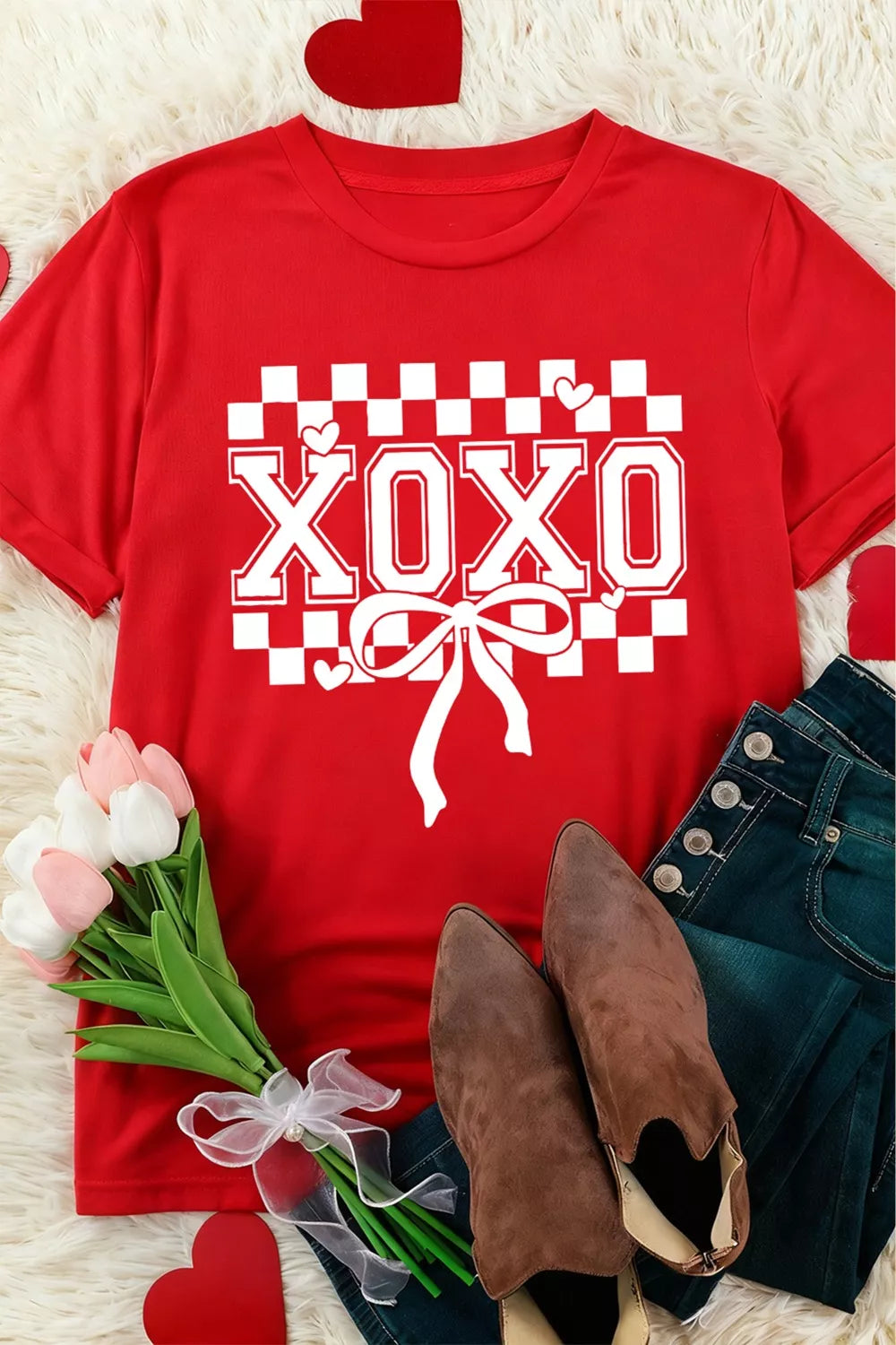XOXO Checkered Ribbon Bow Print Valentines Day T Shirt