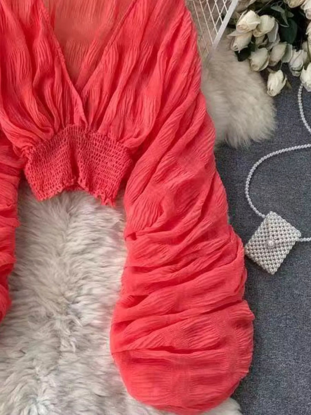 Smocked Ruched Long Sleeve Blouse