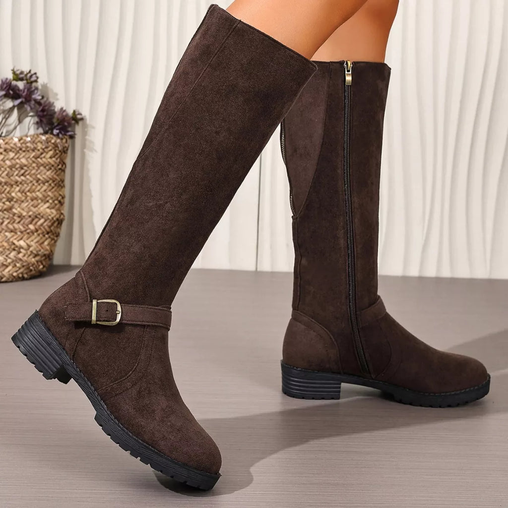 Knee-High Suede Buckle Accent Boots