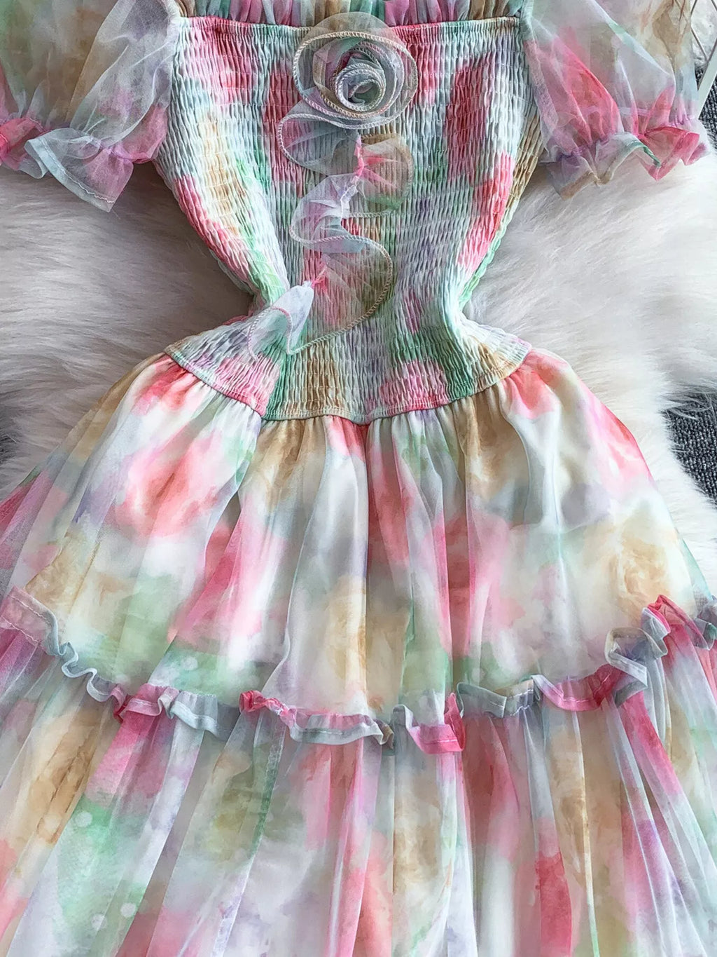 Smocked Floral Tiered Mesh Midi Dress
