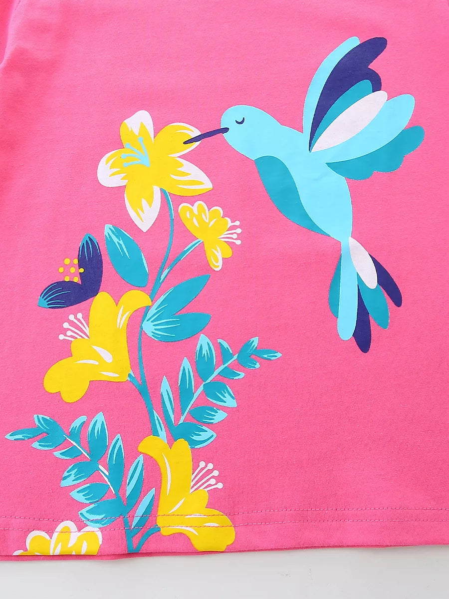 Children's Hummingbird & Floral Print Short Sleeve T-Shirt