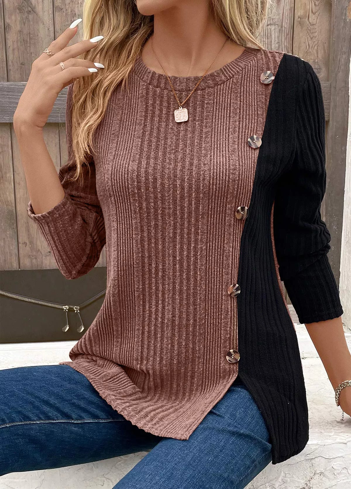 Color Block Ribbed Knit Decor Button T-Shirt