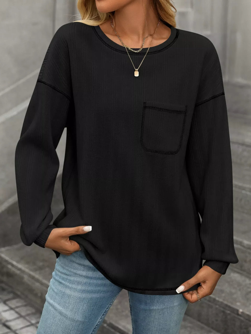 Casual Pocket Detail Long Sleeve T-Shirt