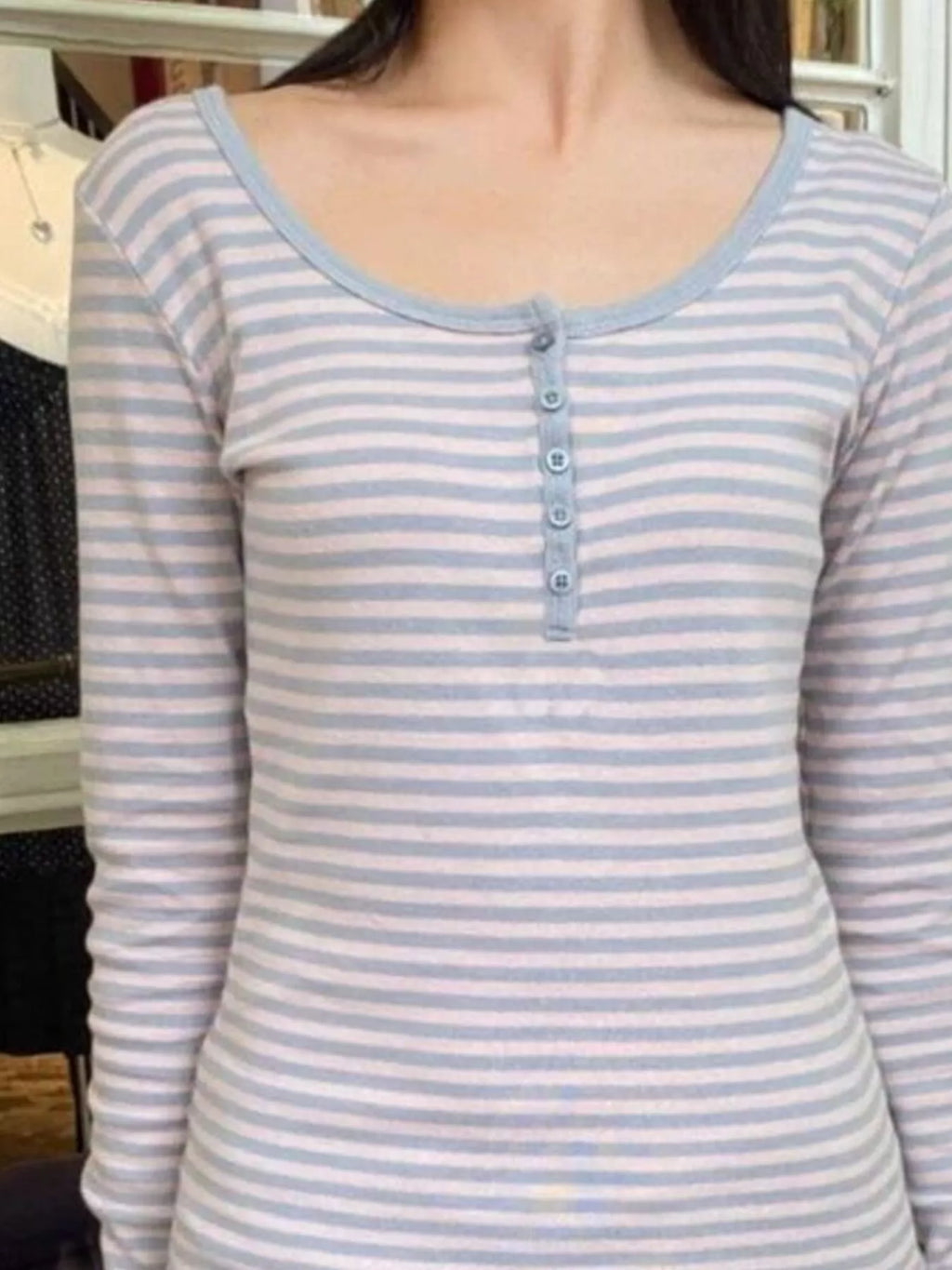 Striped Long Sleeve Henley T-Shirt