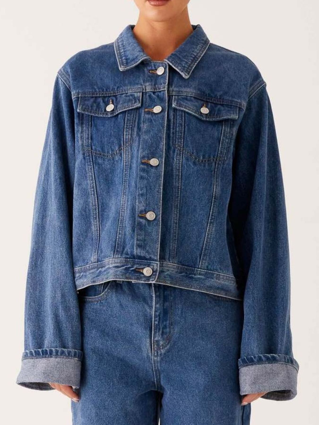 Button Down Cropped Oversized Denim Jacket