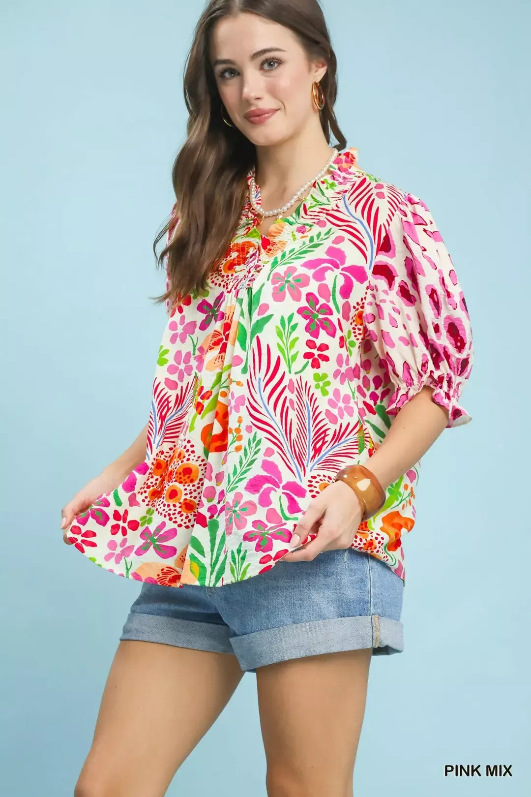 Umgee V-Neck Ruffle Trim Puff Sleeve Top