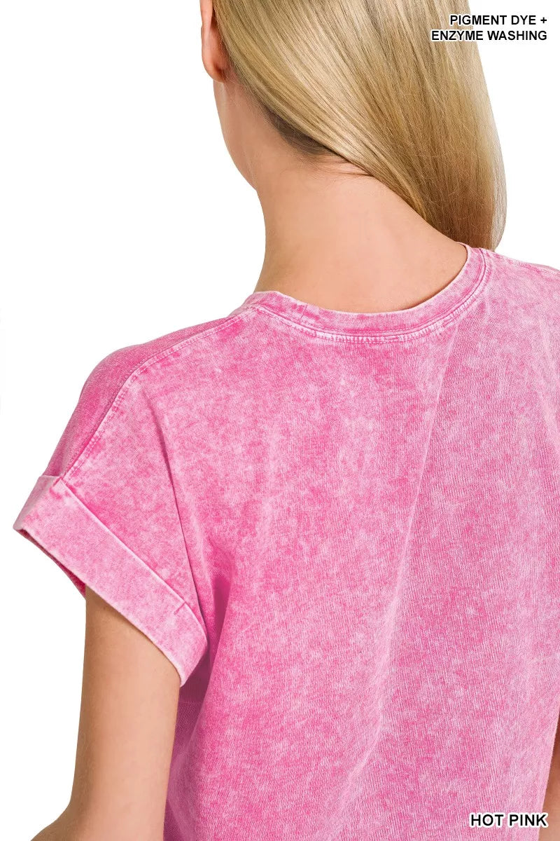 Zenana Halo Washed Cotton Cuffed Short Sleeve Top