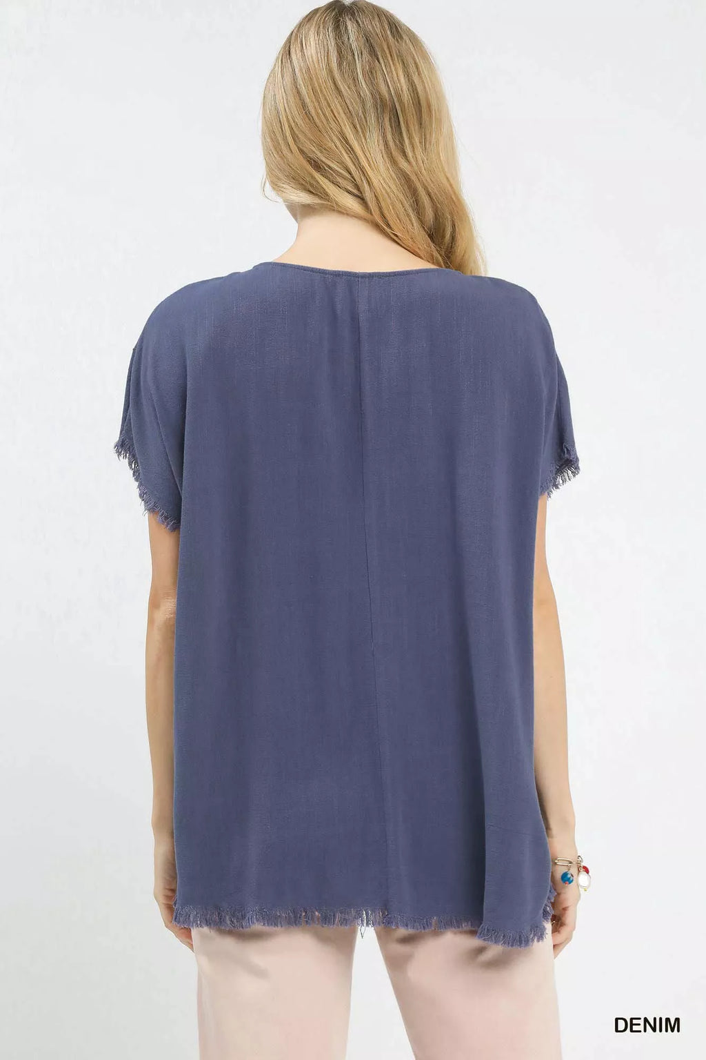 Umgee Linen Blend Embroidered Frayed Hem Top