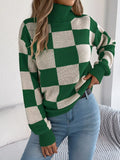 Checkered Turtleneck Long Sleeve Sweater