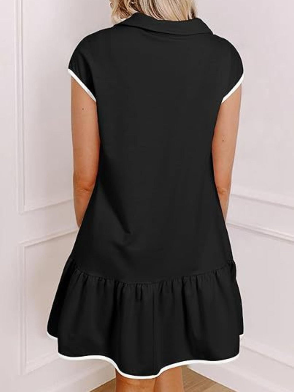 Zip Front Cap Sleeve Ruffle Hem Dress