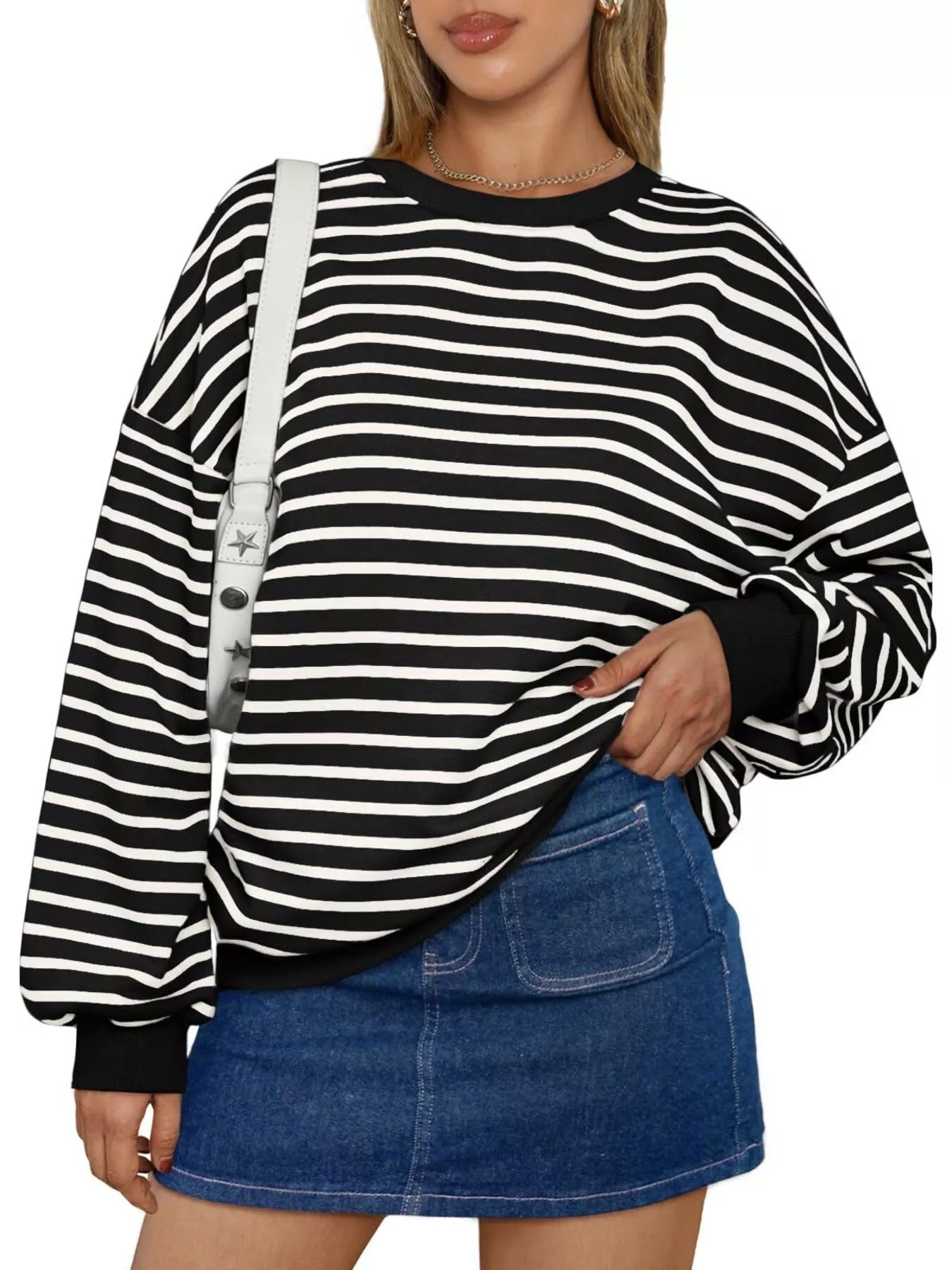 Striped Round Neck Oversized Casual Sweatshirt