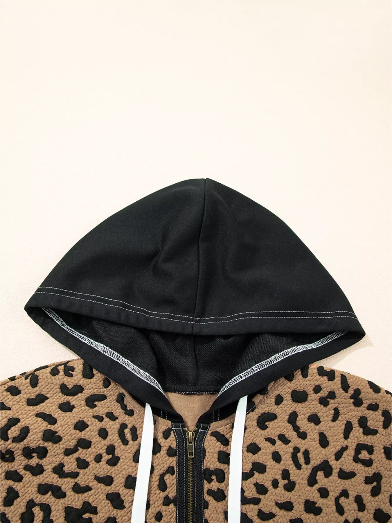 Leopard Patchwork Contrast Stitching Knotted Cuff Quarter Zip Hoodie