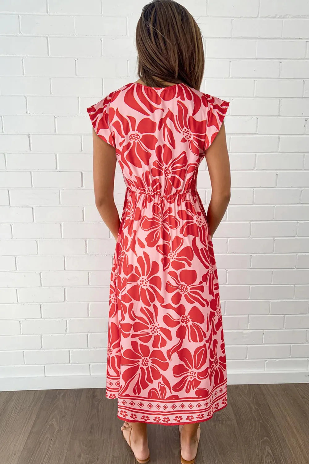 Floral  Ruffled V-Neck Midi Dress with Button Front