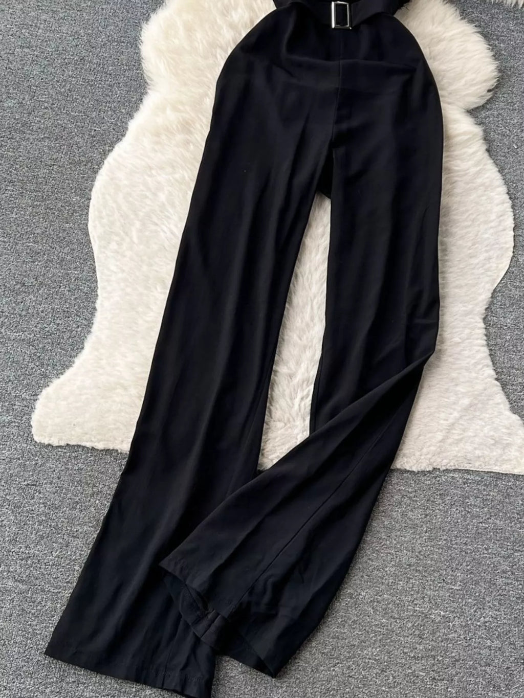 Feather Trim Strapless Wide Leg Jumpsuit