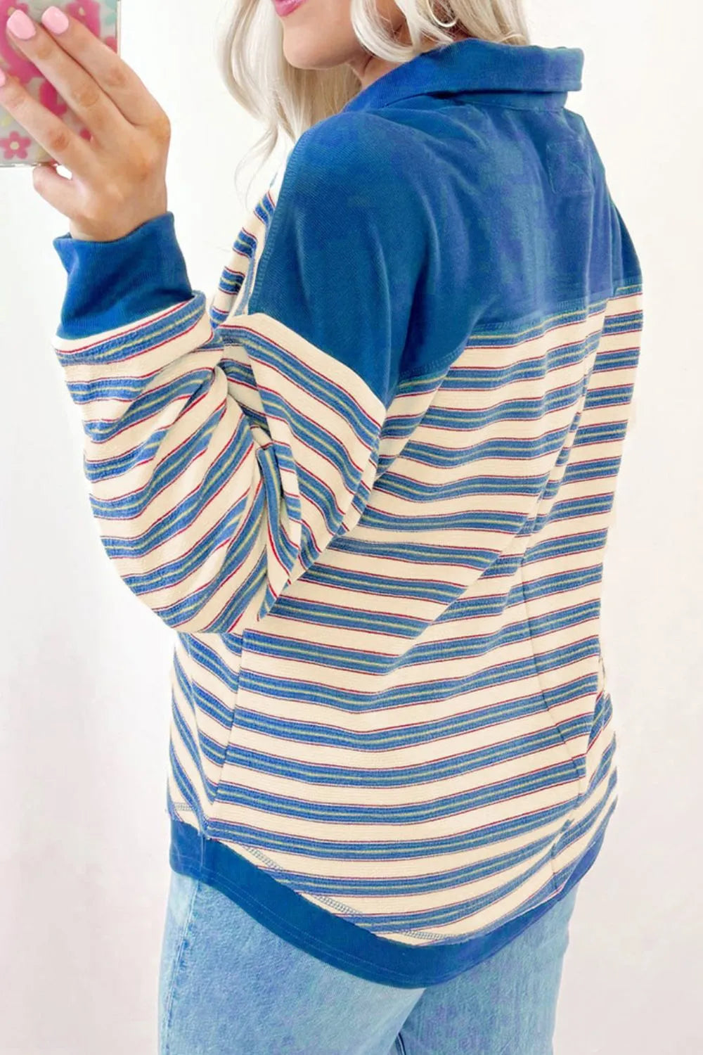 Striped Johnny Collar Long Sleeve Sweatshirt