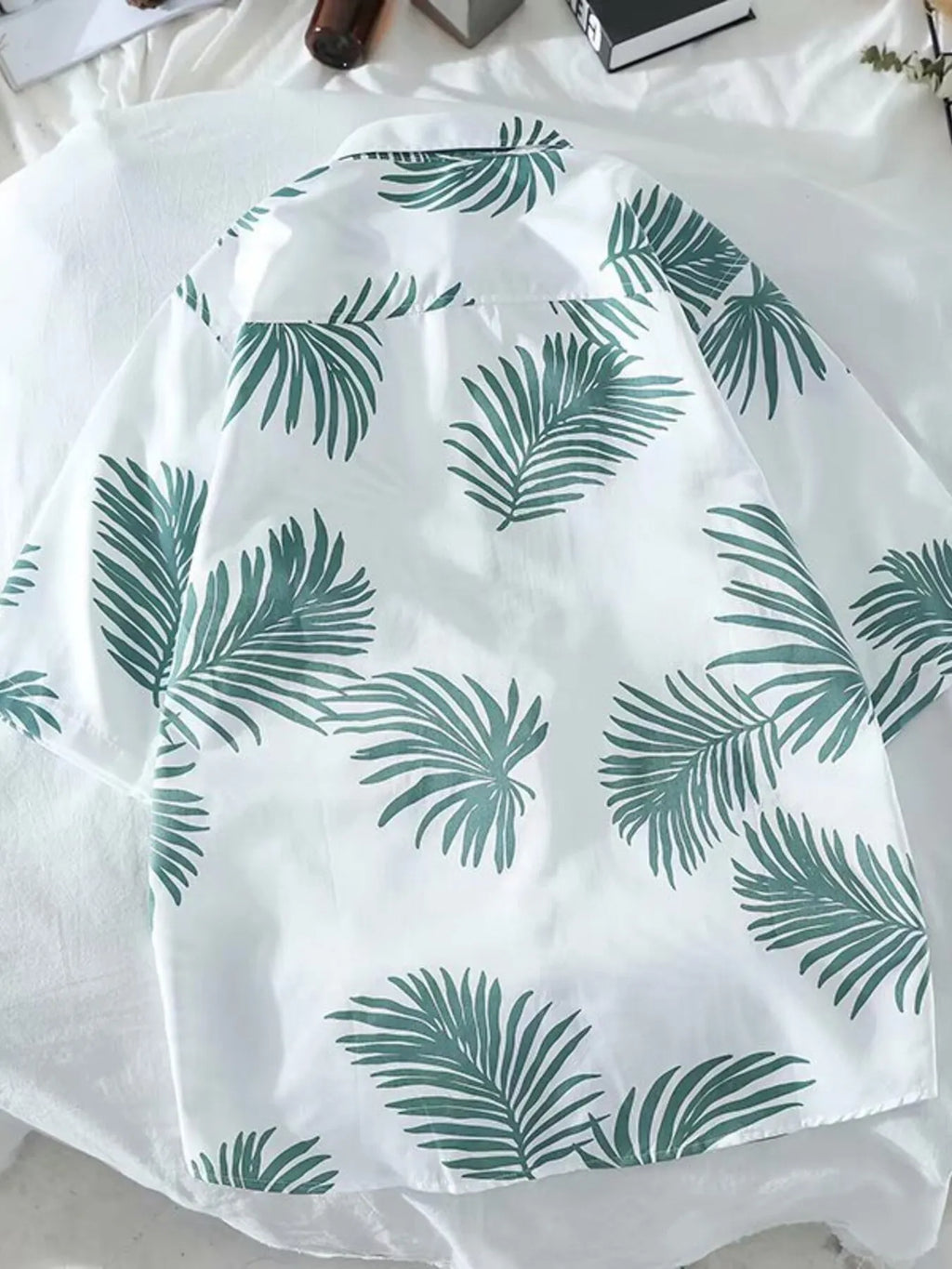 Men's Leaf Print Button Up Short Sleeve Shirt